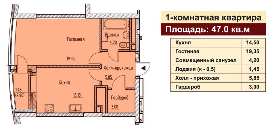 Планировка однокомнатой квартиры ЖК Флагман